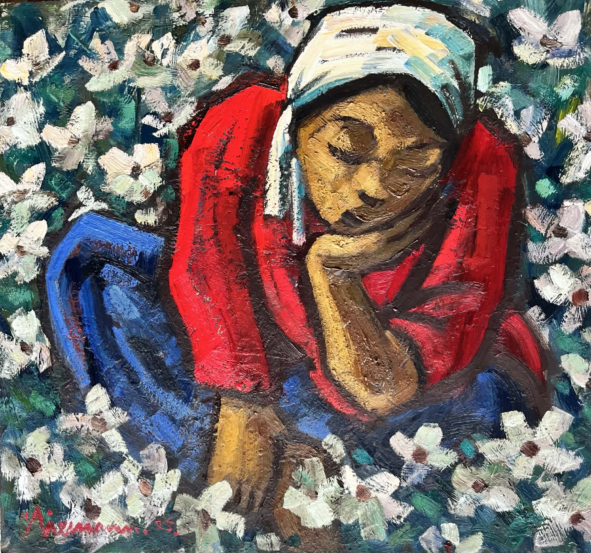 Woman resting among flowers